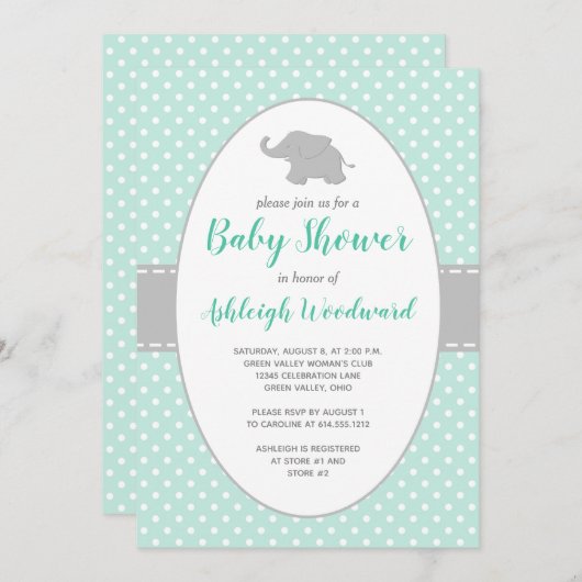 Elephant Mint Green Grey Polka Dot Baby shower Kaart (Voorkant / Achterkant)