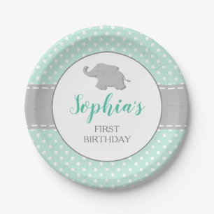 Elephant Mint Green Polka Dot 1st Birthday Party Papieren Bordje