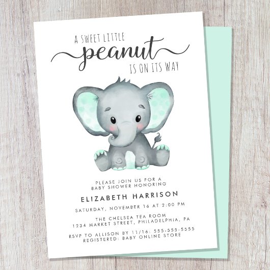 Elephant Mint Green Waterverf Baby shower Kaart