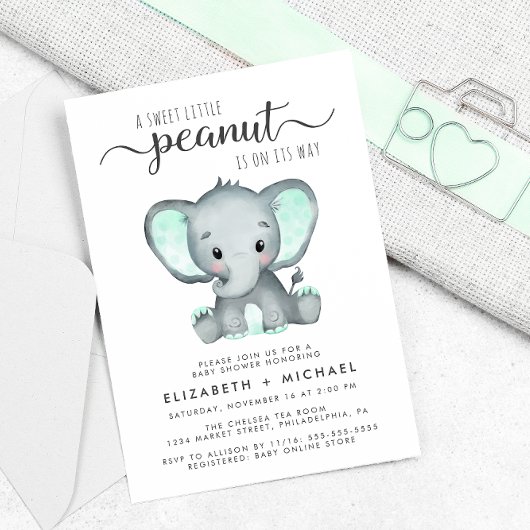 Elephant Mint Green Waterverf Couples Baby shower Kaart