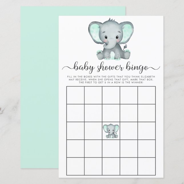 Elephant Mint Waterverf Baby Bingo Shower Game (Voorkant / Achterkant)