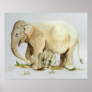 Elephant Moeder and Baby Waterverf Afdrukken 20x16 Poster