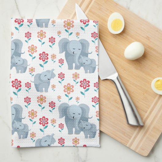 Elephant moeder, baby bloemen patroon Moeder's Theedoek (Quarter Fold)