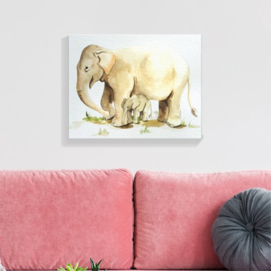 Elephant moeder en Baby Waterverf 14x11 Canvas Afdruk (Insitu (Woonkamer))