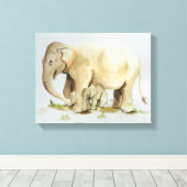 Elephant moeder en Baby Waterverf 14x11 Canvas Afdruk (Insitu (Houten vloer))