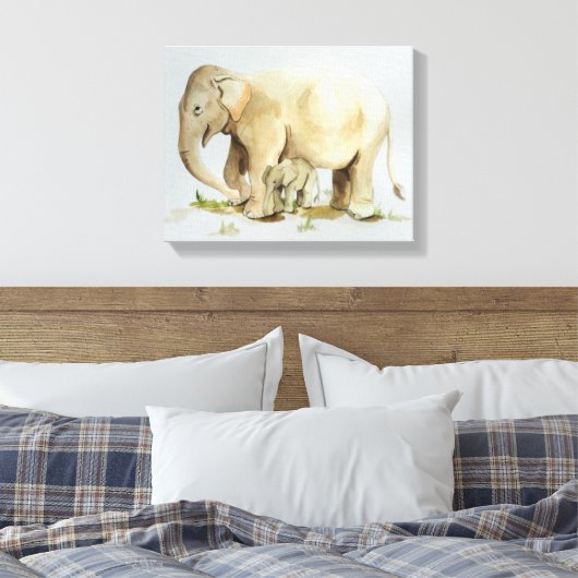 Elephant moeder en Baby Waterverf 14x11 Canvas Afdruk (Insitu (Slaapkamer))