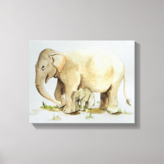 Elephant moeder en Baby Waterverf 14x11 Canvas Afdruk