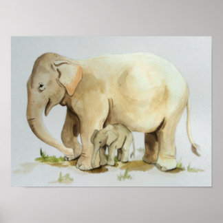 Elephant Moeder en Baby Waterverf Afdrukken 16x12 Poster