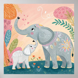 Elephant Mom and Baby Poster