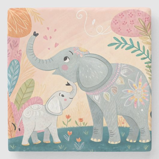 Elephant Mom and Baby Stenen Onderzetter (Voorkant)