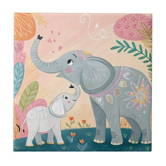 Elephant Mom and Baby Tegeltje (Voorkant)