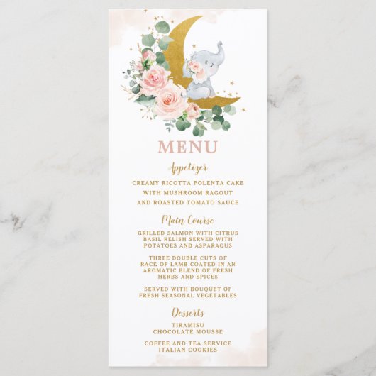 Elephant Moon Blush Floral Rozen Baby shower Menu (Voorkant)