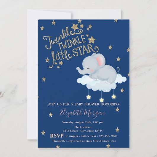 Elephant, Moon, Glitter StarsTwinkle Baby shower Kaart (Voorkant)