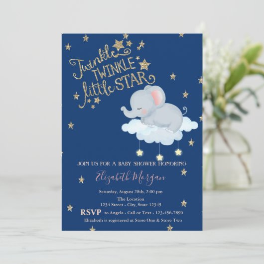 Elephant, Moon, Glitter StarsTwinkle Baby shower Kaart (Staand voorkant)