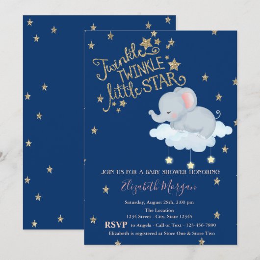 Elephant, Moon, Glitter StarsTwinkle Baby shower Kaart (Voorkant / Achterkant)