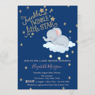 Elephant, Moon, Glitter StarsTwinkle Baby shower Kaart