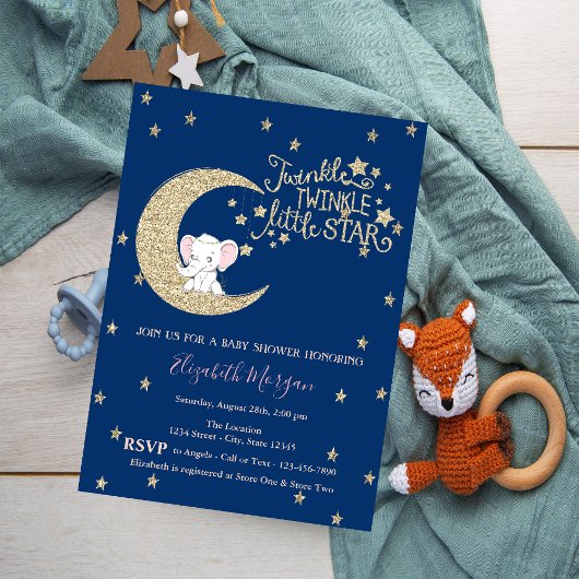 Elephant, Moon, Glitter Twinkle Star-Baby shower Kaart