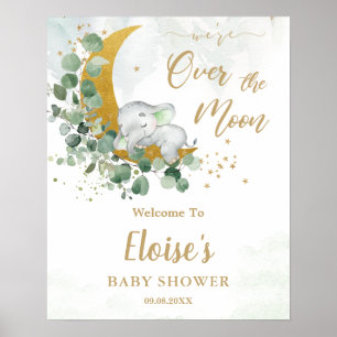 Elephant Moon Greenery Gender Neutral Welcome Sign Poster