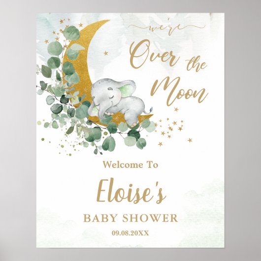 Elephant Moon Greenery Gender Neutral Welcome Sign Poster (Voorkant)