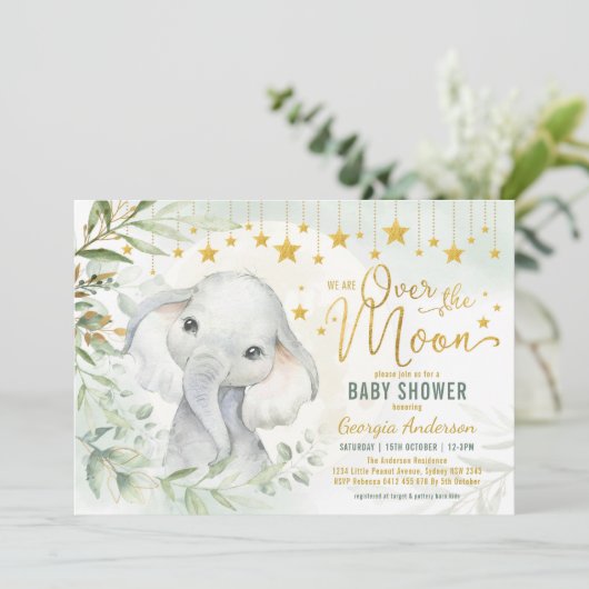 Elephant Moon & Stars Greenery Baby shower Kaart (Staand voorkant)