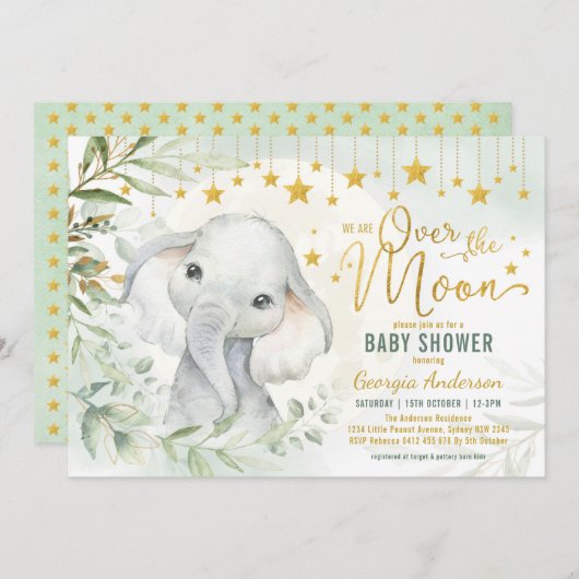 Elephant Moon & Stars Greenery Baby shower Kaart (Voorkant / Achterkant)