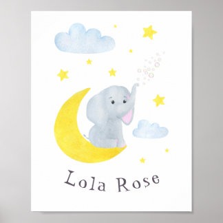 Elephant Moon Stars Nursery Wall Art Poster