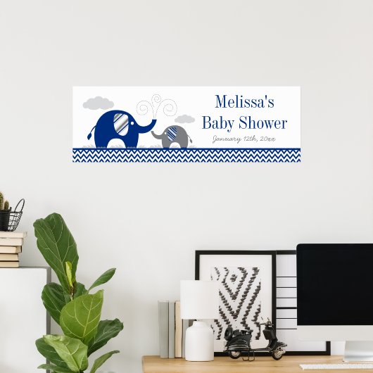 Elephant Navy Blue Grey Baby shower Banner Poster (Thuiskantoor)
