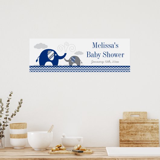 Elephant Navy Blue Grey Baby shower Banner Poster (Keuken)