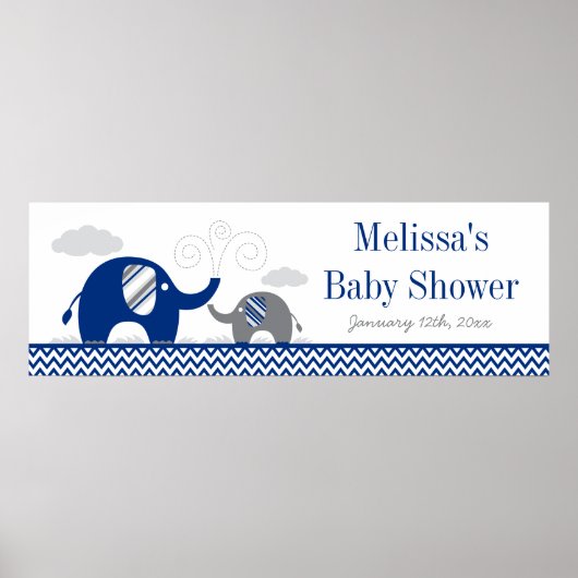 Elephant Navy Blue Grey Baby shower Banner Poster (Voorkant)