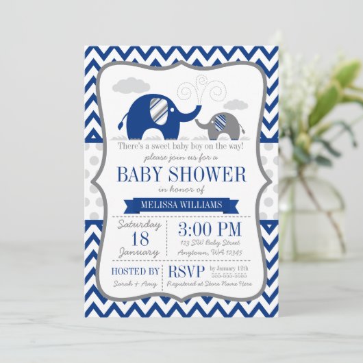Elephant Navy Blue Grey Baby shower Kaart (Staand voorkant)