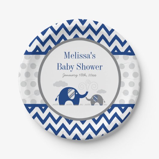 Elephant Navy Blue Grey Baby shower Papieren Bordje (Voorkant)