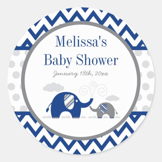 Elephant Navy Blue Grey Baby shower Ronde Sticker (Voorkant)
