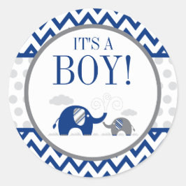 Elephant Navy Blue Grey Boy Baby shower Ronde Sticker