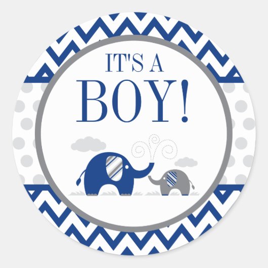 Elephant Navy Blue Grey Boy Baby shower Ronde Sticker (Voorkant)