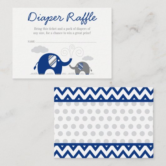 Elephant Navy Blue Grijze Luier Raffle Ticket Informatiekaartje (Voorkant / Achterkant)