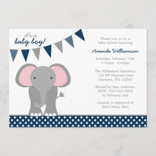 Elephant Navy Polka Dot Banner Boy Baby shower Kaart