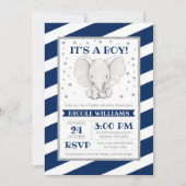 Elephant Navy Stripes Boy Baby Shower Uitnodiginge Kaart (Voorkant)