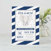 Elephant Navy Stripes Boy Baby Shower Uitnodiginge Kaart (Staand voorkant)