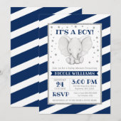 Elephant Navy Stripes Boy Baby Shower Uitnodiginge Kaart (Voorkant / Achterkant)