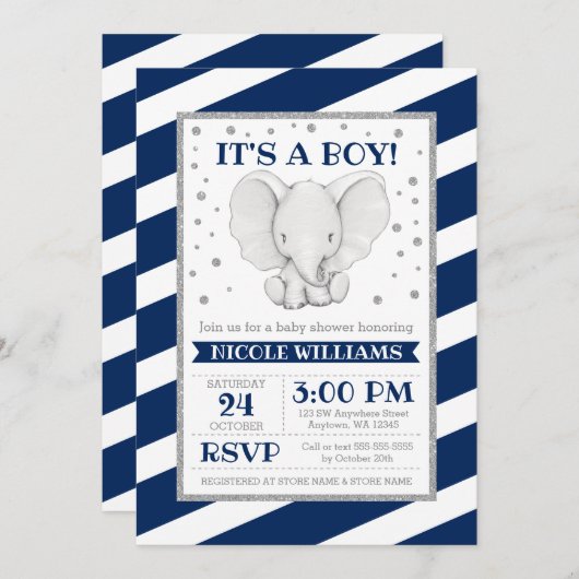 Elephant Navy Stripes Boy Baby Shower Uitnodiginge Kaart (Voorkant / Achterkant)