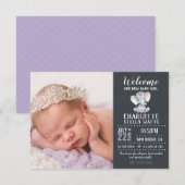 Elephant New Baby Girl Chalkboard Foto geboortedat Aankondiging (Voorkant / Achterkant)