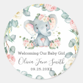 Elephant New Baby Pink Ivory Floral Greenery Favor Ronde Sticker