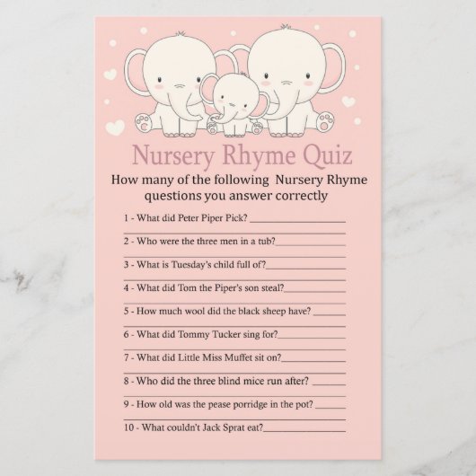 Elephant Nursery Rhyme Quiz baby shower game (Voorkant)