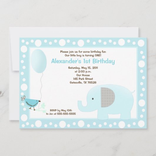 Elephant Oerwoud Dot 5x7 Birthday Uitnodiging blau (Voorkant)