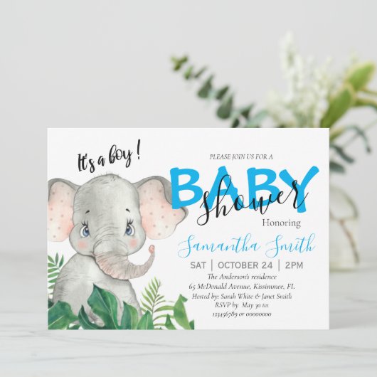 Elephant oerwoud safari baby uitnodiging (Staand voorkant)