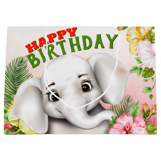 Elephant Oerwoud Safari Girl Birthday Groot Cadeauzakje (Voorkant)
