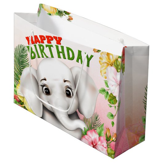 Elephant Oerwoud Safari Girl Birthday Groot Cadeauzakje (Voorkant Gekanteld)