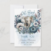 Elephant Oh Boy Blue Floral Baby shower Bedankkaart (Voorkant)