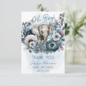 Elephant Oh Boy Blue Floral Baby shower Bedankkaart (Staand voorkant)