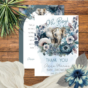 Elephant Oh Boy Blue Floral Baby shower Bedankkaart
